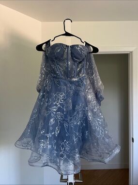Blue Embroidered Off-Shoulder Mini Dress